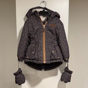 Gagou Tagou Toddler Puffer Jacket w/ Mittens – 24 Months – Gray/Brown Print